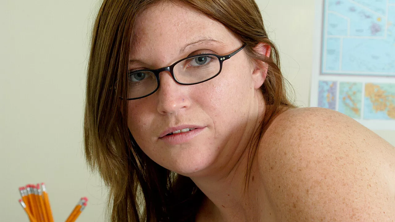 Brunette Virginia Fucking in the Desk with Her Natural Tits